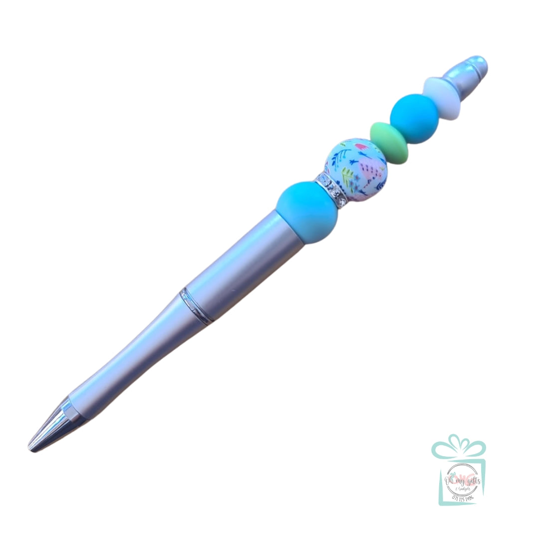 Silicone Beaded Pen - Blue/Green Floral